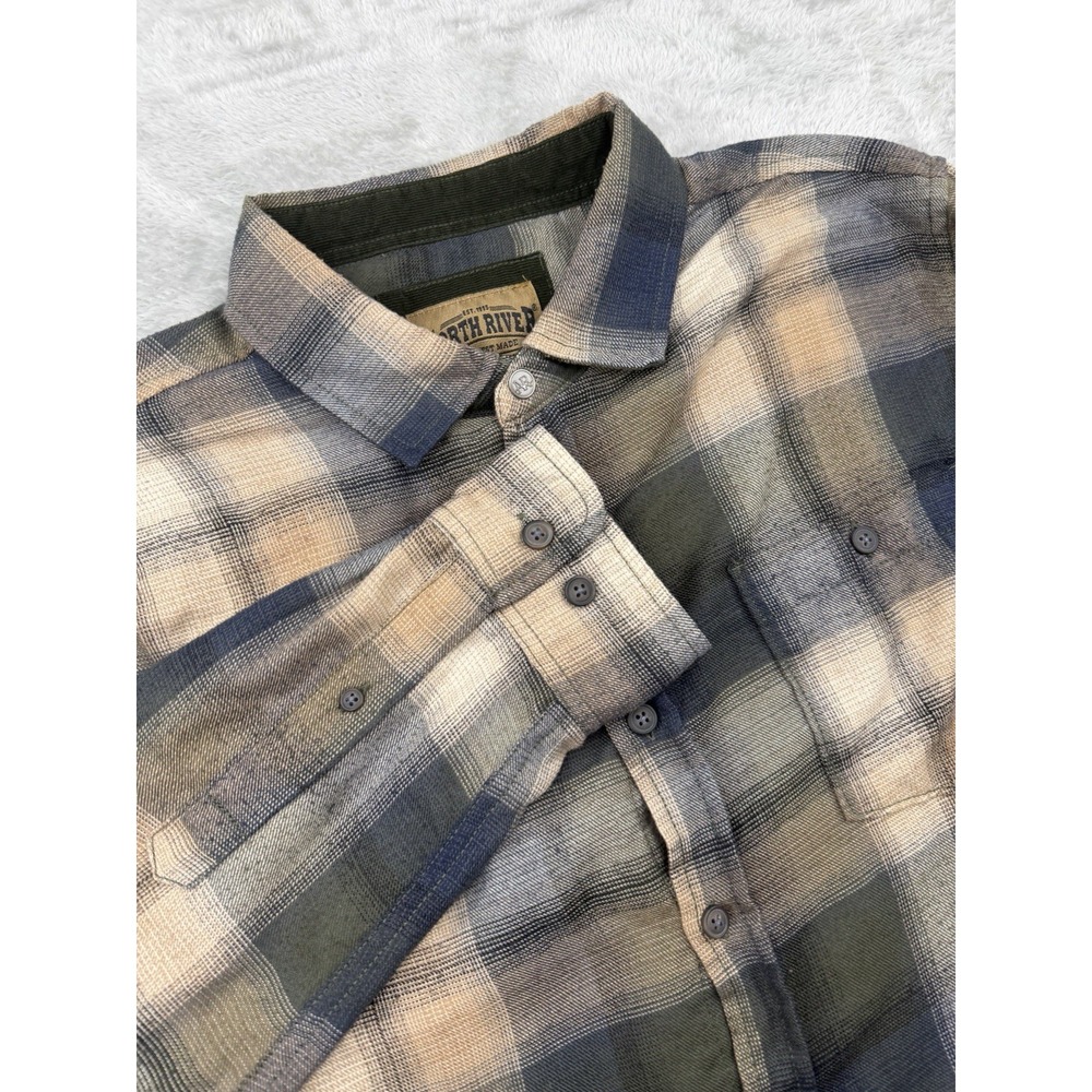 North River Outfitters Men's Large Flannel Long Sleeve Shirt Olive Blue Plaid